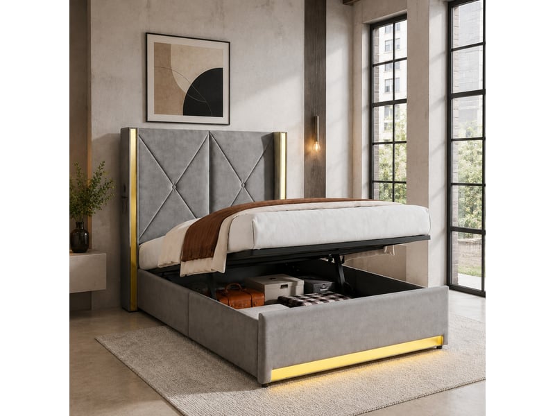  Lit coffre 90x200 cm avec éclairage led et ports usb type c en velours gris foncé  - Conforama C