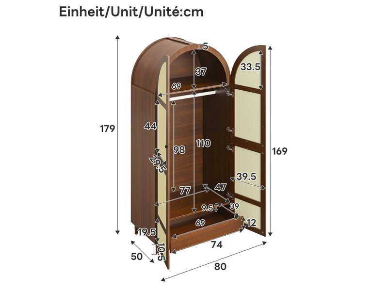  Armoire penderie portes cintrées en rotin avec tiroirs coloris noyer 80x50x179 cm GL8423N - Conforama C