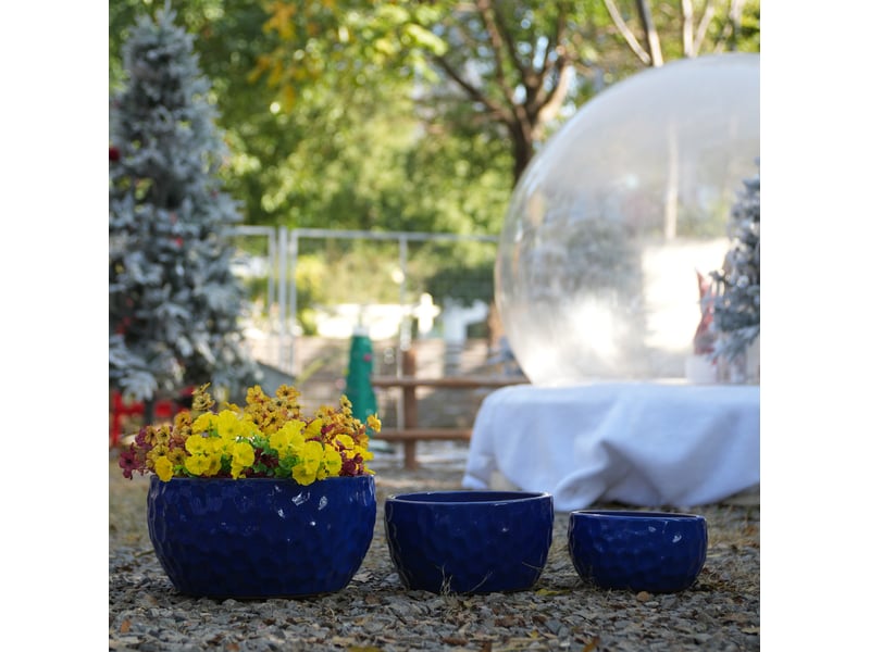 Lot de 3 pots de fleurs en céramique bleu antique, texture martelée, pour intérieur et extérieur, avec drainage - Conforama E