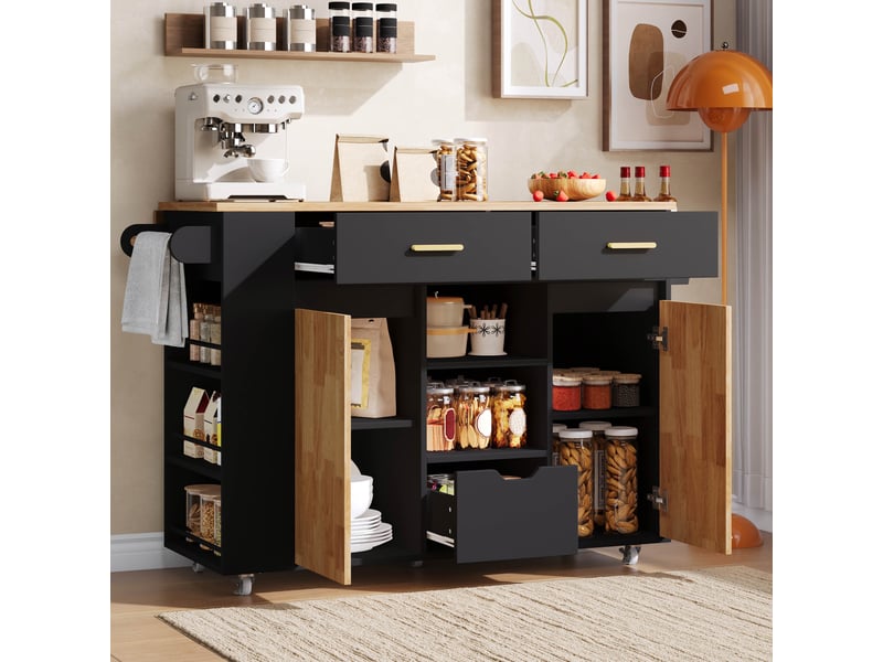 Ilot central de cuisine - 120x71x90cm - desserte avec plateau rabattable 3 tiroirs placards et roulettes - noir et bois  - Conforama D