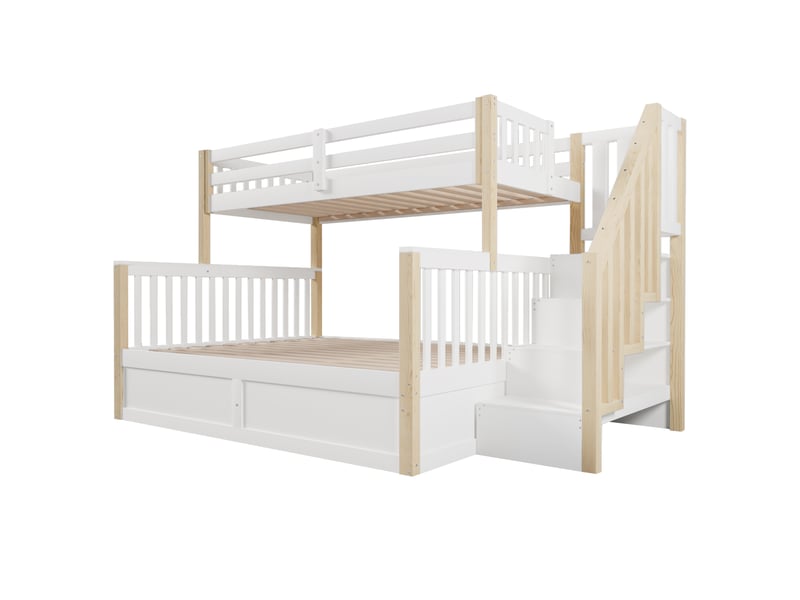 Lit superposé blanc et naturel 90/140x200 cm, rangement hydraulique, escalier-rangement - Conforama D