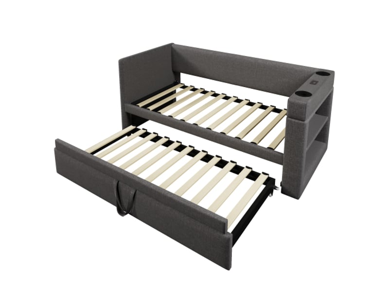  Lit gigogne 90x190 cm, lit enfant avec prise usb et porte-gobelet, tissu en coton et lin, gris, sans matelas  - Conforama E