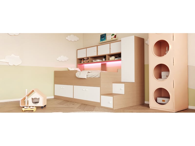 Lit enfant 90x200 cm avec rangement, armoire, led, barrière sécurité, escalier, aggloméré mdf blanc naturel - Conforama R