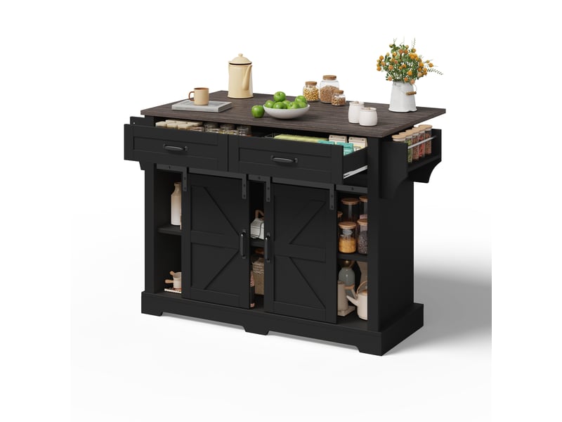  Îlot de cuisine noir style grange avec plateau rabattable, desserte sur roulettes, 2 portes coulissantes, 120x70x91 cm  - Conforama A