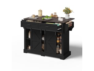 Îlot de cuisine noir style grange avec plateau rabattable, desserte sur roulettes, 2 portes coulissantes, 120x70x91 cm