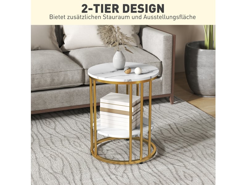  Lot de 2 table basse gigogne rondes blanches effet marbre, rangement ouvert, pieds métal doré, style élégant  - Conforama E