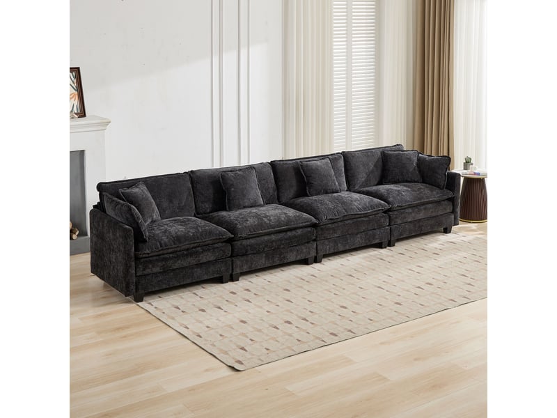  Canapé 4 places en chenille noire, canapé modulable avec coussins d'appui pour salon et appartement ,pouf non inclus  - Conforama R