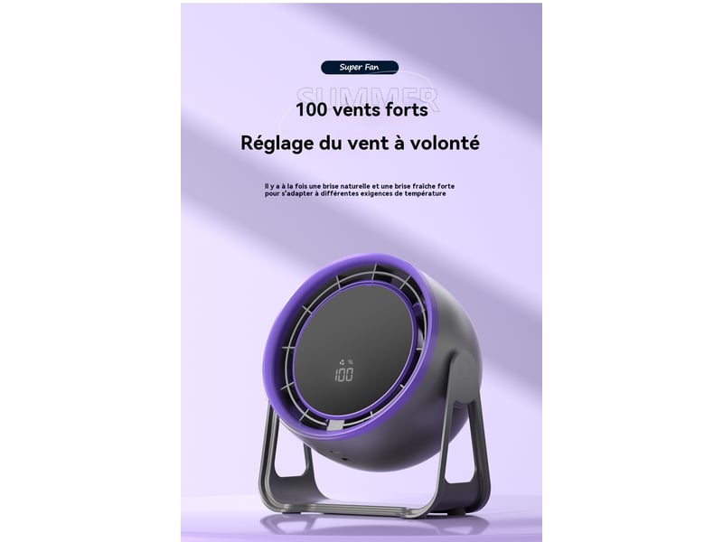  Ventilateur de bureau 100 vitesses rechargeable par usb violet  - Conforama D
