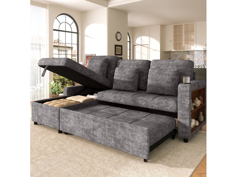 Canapé-lit tcqpz 3 places avec méridienne 201,3 x 126,1 x 86,1 cm rangement chenille gris - Conforama B