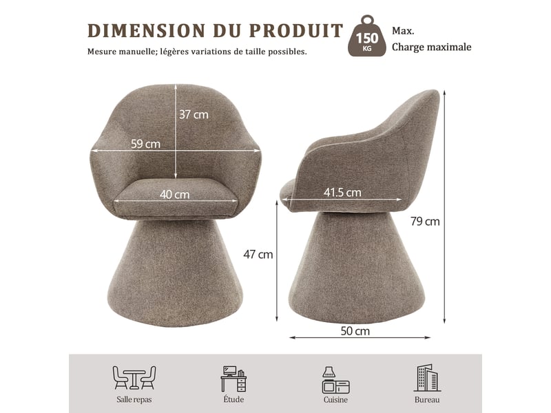  Chaise de salle à manger pivotante 360° design cocon – goeurvant, tissu effet lin, rembourré, sable  - Conforama C