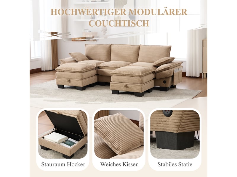 Canapé d'angle 3 places en velours côtelé kaki avec 2 poufs et coffre de rangement intégré - Conforama D