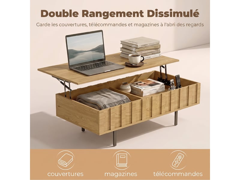 Table basse relevable avec 2 compartiments cachés et latéraux cannelés, style mid-century modern, 110x55x36,5cm, chêne  - Conforama E