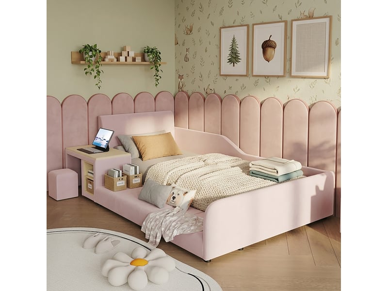  Lit enfant 90 x 200 cm en velours rose avec bureau, tabouret et étagère  - Conforama B