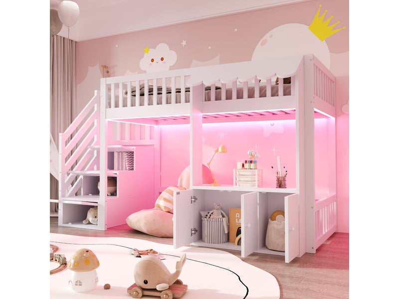  Lit mezzanine en bois 90×200 cm, avec armoire de rangement, escalier de rangement, bande lumineuse led multicolore, design sous les combles, sommier à lattes, lit simple, blanc  - Conforama B