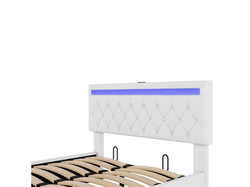  Lit plat capitonné 140x200 cm - tête de lit led réglable, usb, rangement, blanc  - Conforama E