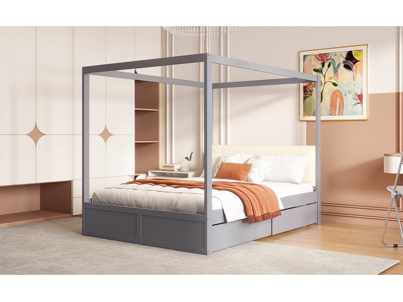  Lit 140x200 cm en bois gris avec grands tiroirs de rangement et tête de lit rembourrée  - Conforama D
