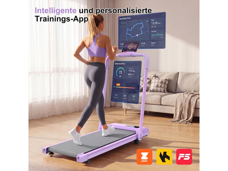  Tapis de course pliant 114x60x98.5cm - walking pad 3-en-1, inclinaison 10%, charge 120kg, app bluetooth zwift - violet  - Conforama B