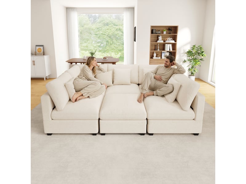 Canapé d'angle modulable xxl 6-7 places avec fonction convertible, pouf de rangement et 5 coussins, chenille beige - Conforama C