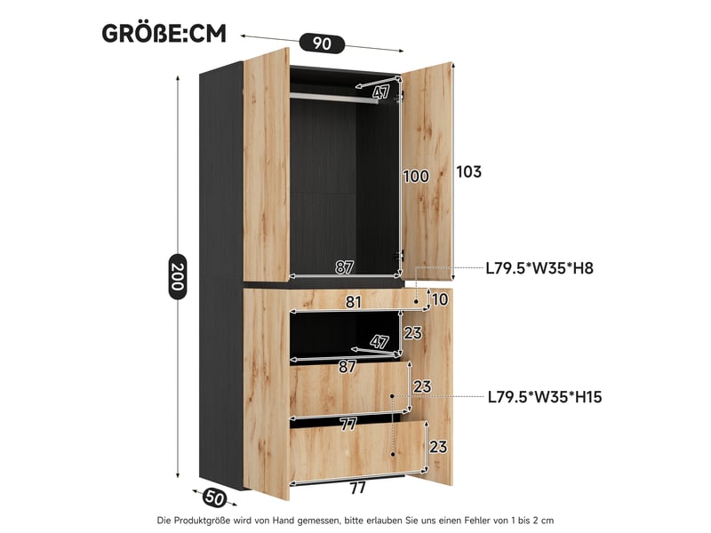  Armoire haute en chêne et blanc avec tiroir à bijoux 4 portes 1 tringle et 2 tiroirs chambre d’enfant ou bureau  - Conforama C