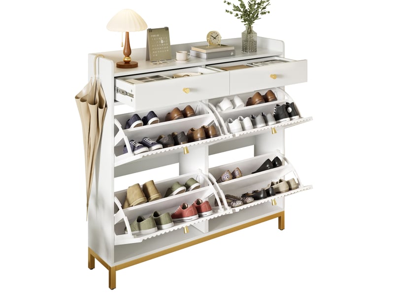  Meuble à chaussures étroit, 106,5x25x107 cm, 4 abattants, 2 tiroirs, pieds métal, blanc Fay Lum - Conforama A