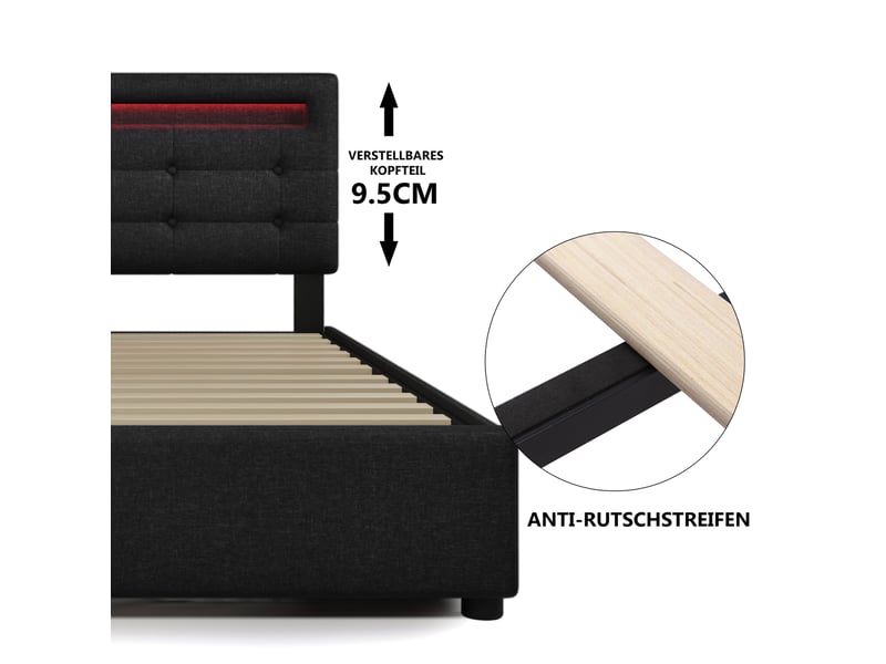  Cadre de lit, lit enfant 90x200 cm, 2 tiroirs, led, tête de lit réglable, sommier à lattes, bois noir, matelas inclus  - Conforama W