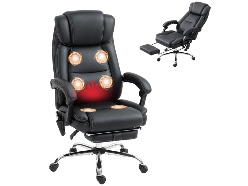  Fauteuil de bureau inclinable en similicuir noir, massant et chauffant, avec télécommande et repose-pieds.  - Conforama A
