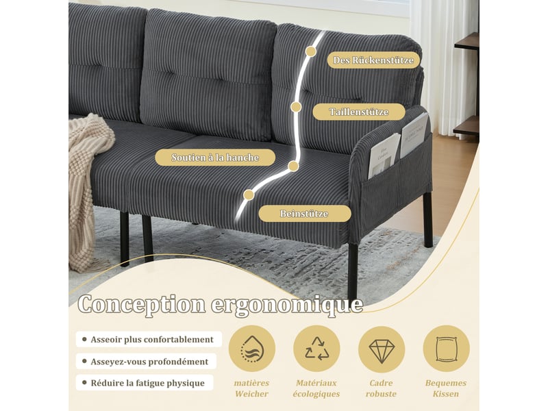  Canapé droit fixe 3 places en velours côtelé gris 171 x 72 x 80 cm avec poche latérale, salon chambre bureau 171x72x80cm - Conforama D