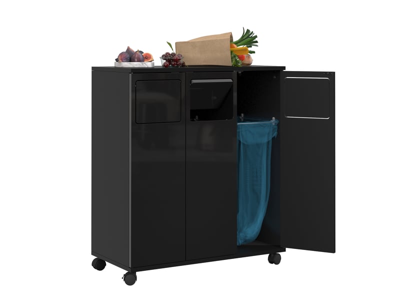  Meuble de tri des déchets 3 compartiments à roulettes 69,3x35x80 cm noir  - Conforama A