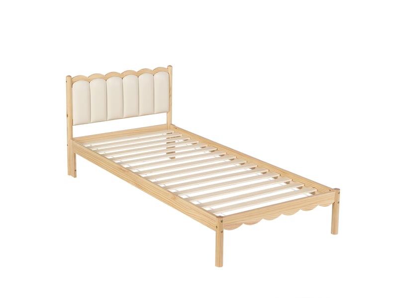  Lit d'enfant 90 x 200 cm, tête de lit rembourrée en pu, cadre en bois massif,beige  - Conforama R