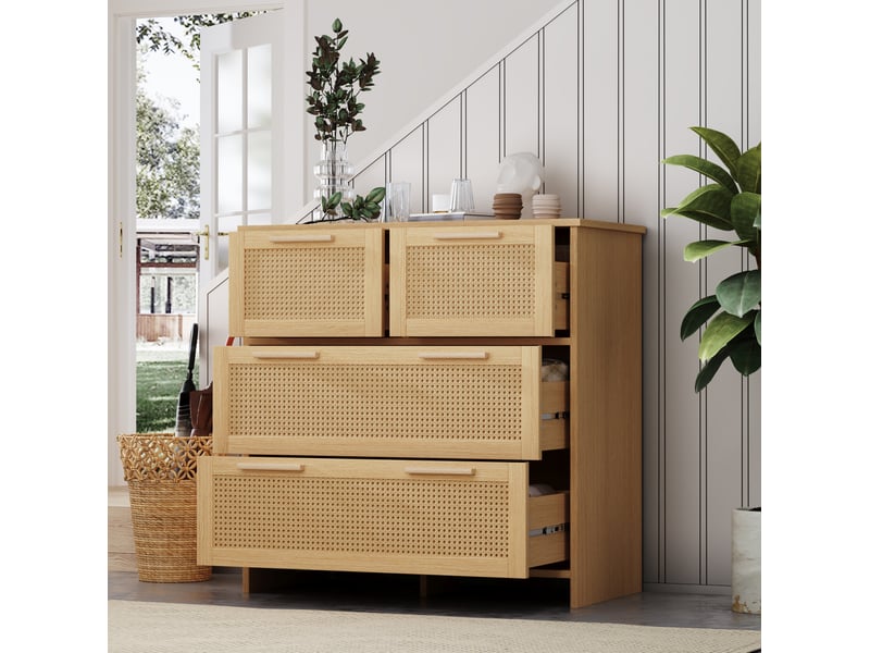  Commode vintage en rotin 80x38x80 cm avec 4 tiroirs, buffet, pour salon, couloir, mdf, poignées en bois, couleur bois  - Conforama B