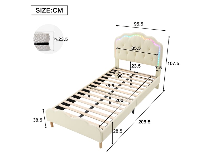  Modenvie lit enfant 90x200 cm - tête de lit ondulée avec led multicolore, sans matelas - beige  - Conforama C