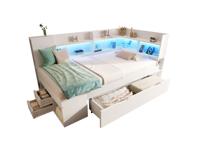 Lit 90x190 cm avec 3 tiroirs et led, lit enfant avec étagères et ports usb en bois blanc  - Conforama A