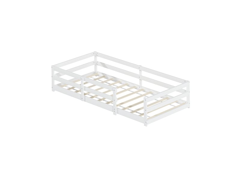  Lit montessori 90x200 cm au sol avec barrière - bois massif blanc sommier inclus  - Conforama A