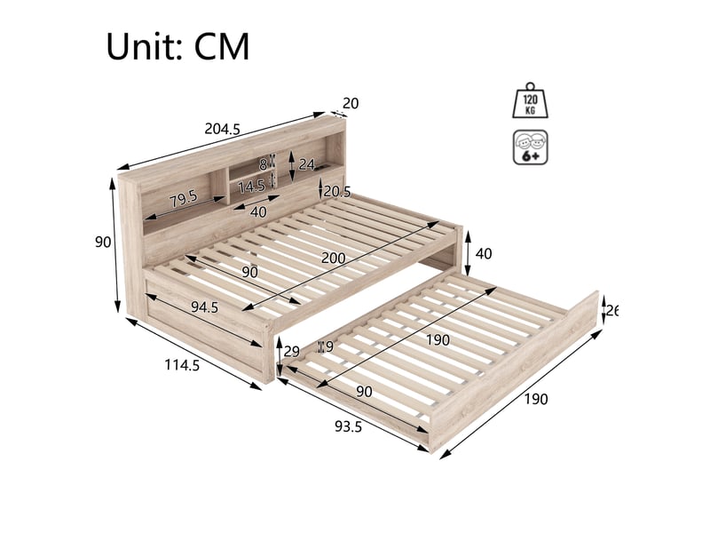  Lit gigogne 90x200 cm naturel avec led, prise usb et rangement  - Conforama C