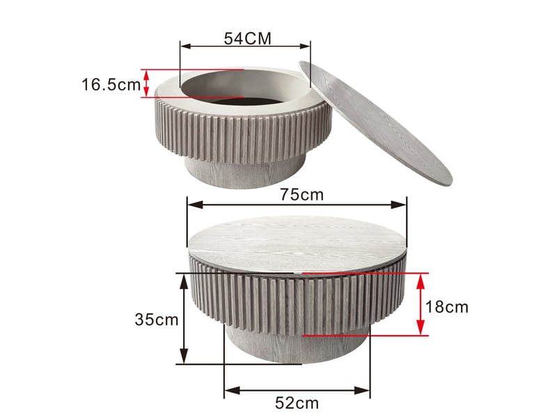  Table basse ronde avec rangement dissimulé sous couvercle, design cannelé en forme de champignon, blanc rétro  - Conforama D