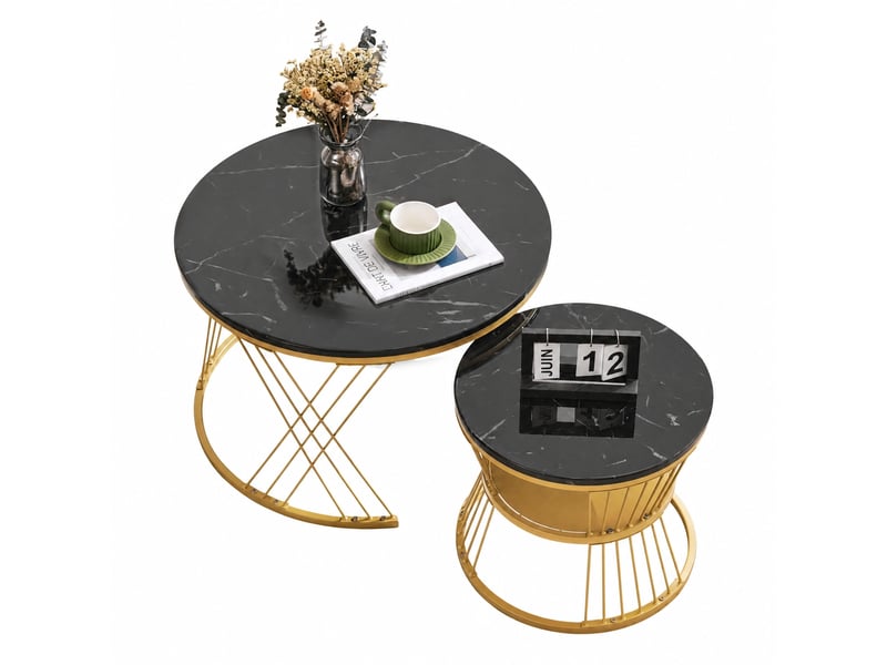 Lot de 2 tables basses rondes gigognes, effet marbre, structure métal, noir et doré - Conforama A