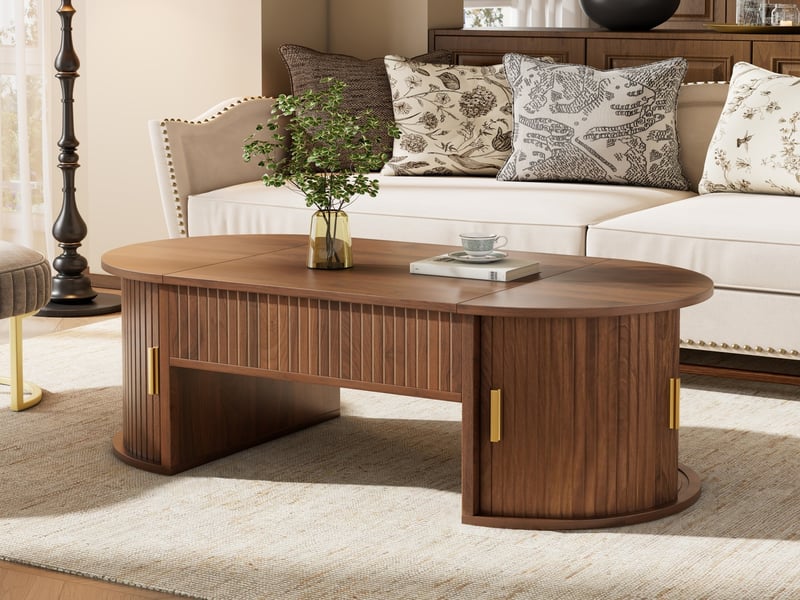Table basse relevable ovale couleur noyer, style rétro moderne avec rangement caché et étagères, 100x50x40.5cm - Conforama C