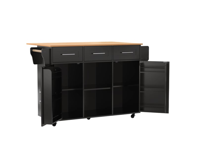  Desserte de cuisine noire 139x46(71)x91,5 cm avec plateau rabattable effet bois et roulettes  - Conforama D