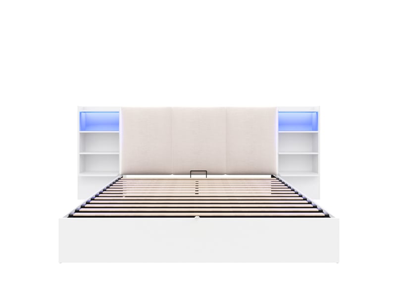  Lit adulte 180 x 200 cm, à rangement hydraulique, avec compartiments de rangement et bande lumineuse led, blanc  - Conforama A