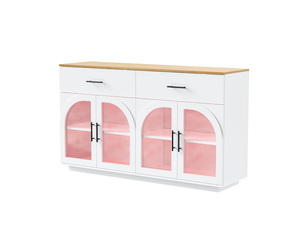 Buffet de cuisine 147 x 40 x 86 cm avec éclairage led, 2 tiroirs, 4 portes et étagères, blanc et bois naturel, en mdf