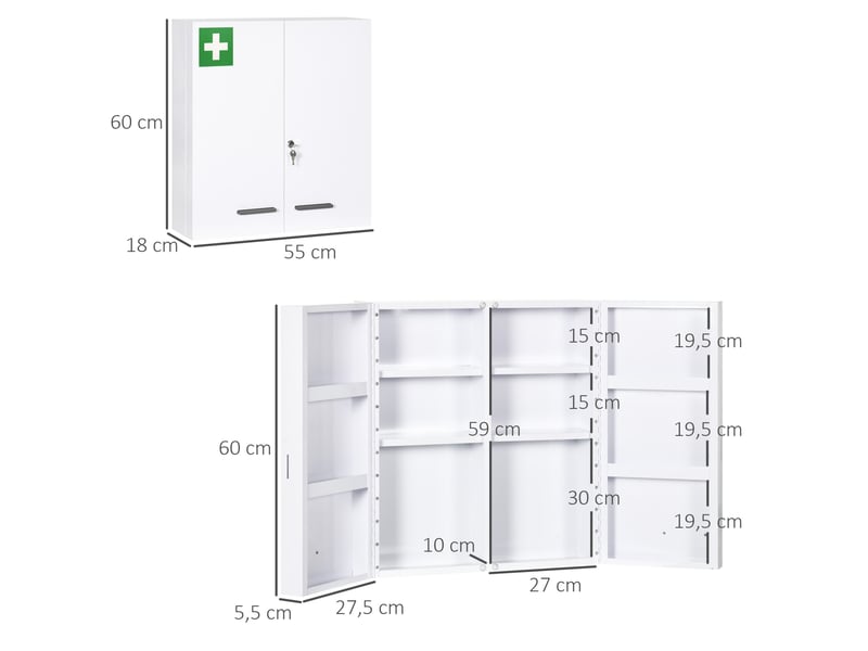Armoire à pharmacie murale 55x18x60 cm – blanche – acier verrouillable 2 portes avec 6 étagères - Conforama C