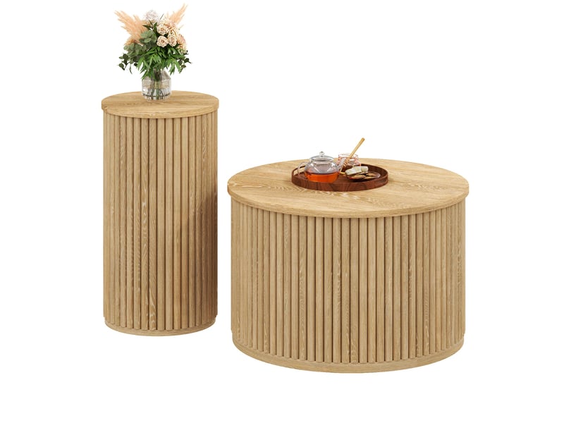 Table basse ronde double ensemble table basse bois nature mdf avec rayures 3d pour salon  - Conforama A