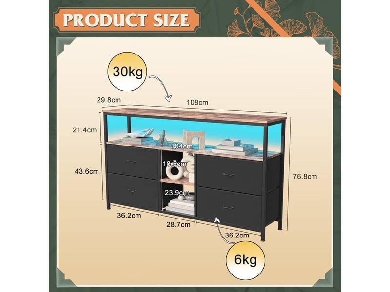 Meuble tv led 108x30x78cm - multifonctionnel - 4 tiroirs en tissu noir et étagères ouvertes - combinaison rétro et modernes - Conforama E