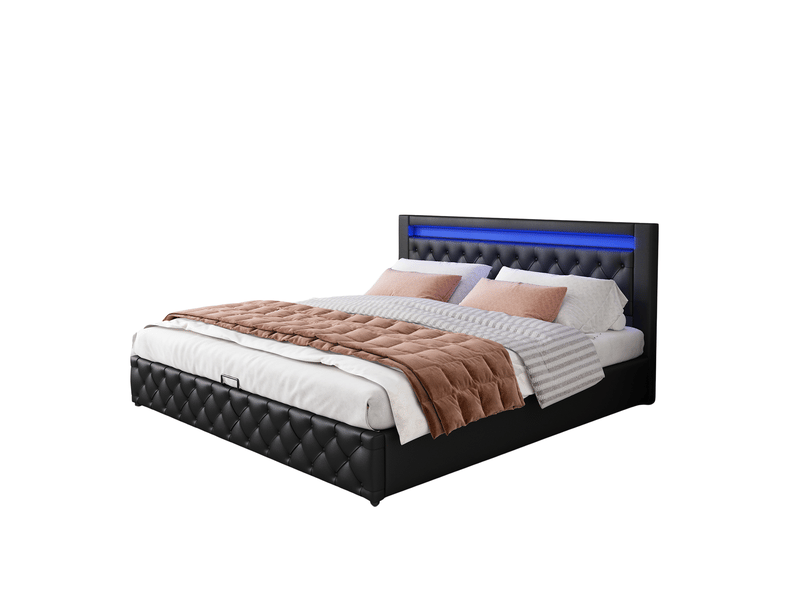  Lit coffre 160x200 avec led et sommier à lattes, structure capitonnée, noir  - Conforama A