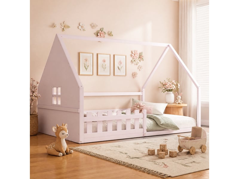  Lit enfant cabane 140 x 200 cm rose en bois de pin et mdf avec barrière  - Conforama C