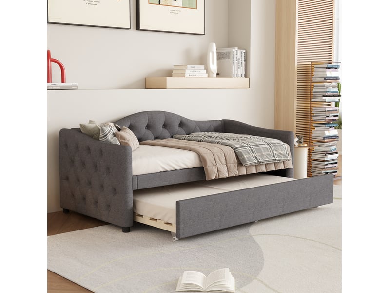  Lit banquette 90x200 cm avec lit gigogne 90x190 cm en lin gris  - Conforama D
