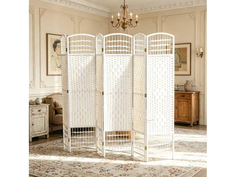  Paravent pliant 6 panneaux blanc avec séparation modulable, corde en papier et bois, 242 x 170 cm  - Conforama B