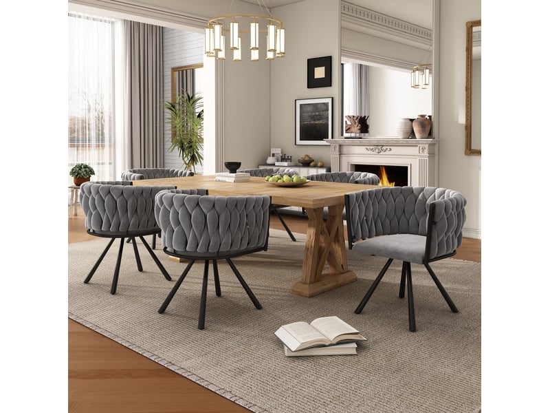  Chaise de salle à manger pivotante à 360 degrés, lot de 4 avec dossier incurvé et pieds en métal, velours gris  - Conforama E