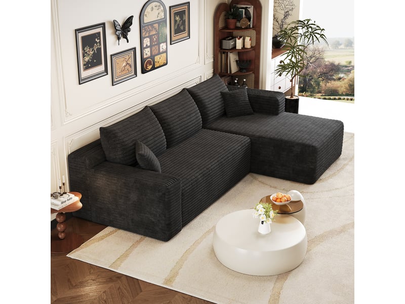  Canapé d’angle noir 3 places en velours côtelé, canapé avec méridienne de 241 cm pour salon, assise profonde et confortable  - Conforama R