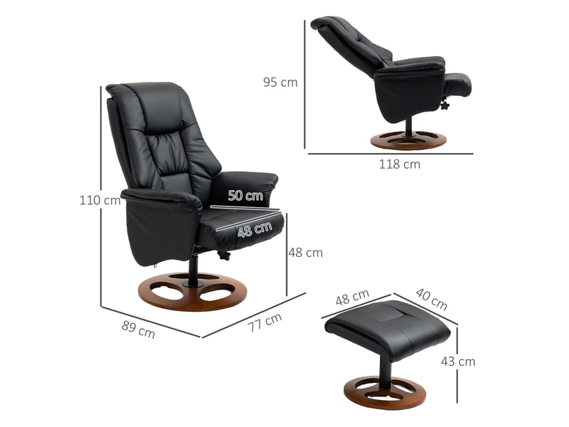  Fauteuil inclinable avec repose-pieds, dossier réglable, 77 cm x 89 cm x 110 cm, noir  - Conforama E